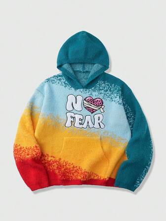 Street Life Pull tricoté décontracté à capuche avec manches longues, imprimé léopard et motif cœur, blocs de couleurs pour hommes