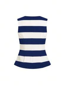 Ellevyn 女士黑白条纹无袖圆领金色纽扣前开襟夹克，春夏秋冬女装商务休闲女教师服秋季女士度假装女士商务休闲女装 - 藍白色 - 查看 2