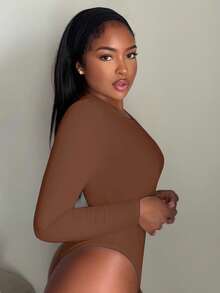 Alexandranx Bodysuit Wanita Slim Fit Polos untuk Musim Semi, Wanita Bertubuh Mungil - Coklat - View 4