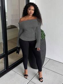 Alexandranx Women's Casual Solid Color Foldover Off Shoulder Pullover Sweater, Autumn - Grey - View 6