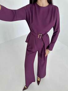 Aloruh Conjunto de 2 piezas de camisa y pantalones de unicolor elegante para mujer - Morado - Ver 7