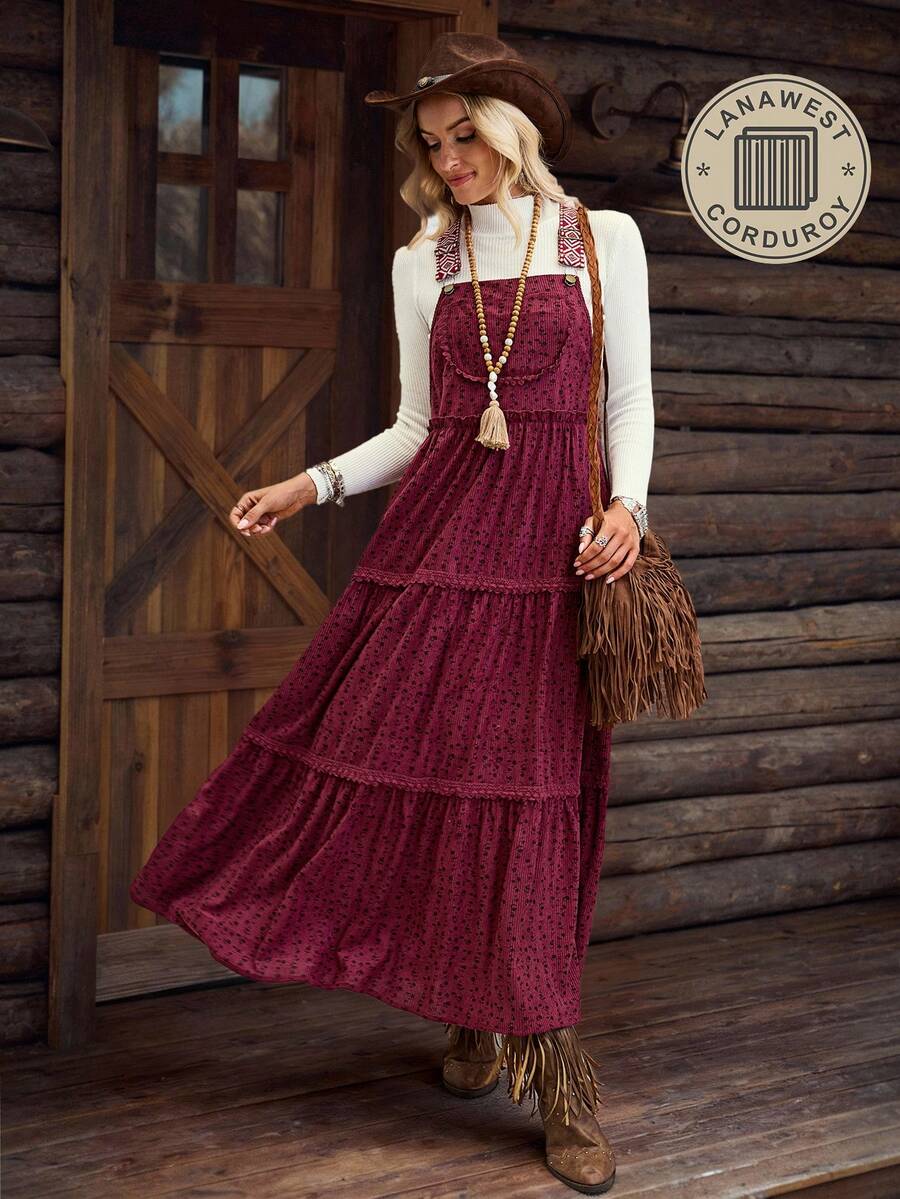 女式卡其色灯芯绒印花宽松可调节长款休闲背带连衣裙，LanaWest - 酒紅色 - 查看 1