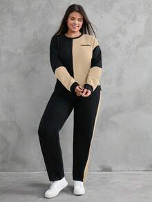 EURMUSE Sudadera y pantalón de chándal de algodón con bloque de color y estampado de letras, de hombros caídos - Beis - Ver 6