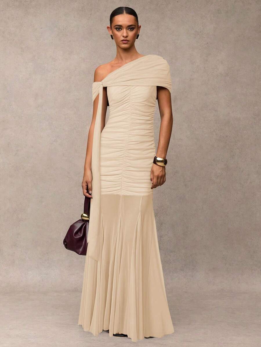 SHEIN BAE Women's Solid Color Asymmetric Shoulder Ruched Fishtail Hem Elegant Dress - Apricot - View 1