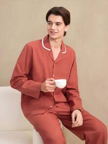 EverLounge Conjunto de ropa de estar cómoda y casual 100% algodón para hombres, apto para uso en interiores y exteriores, ropa de invierno - Óxido marrón - Ver 5