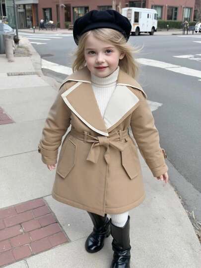 1 件年轻女孩时尚橄榄绿色风衣，大领口，袖口装饰，腰带，对称口袋，适合通勤、购物、轻商务、旅行或约会