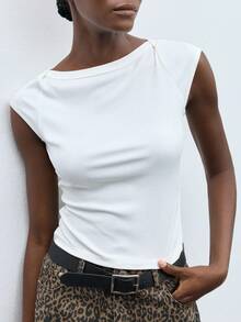 Maija Women's Plain Round Neck Cap Sleeve Casual T-Shirt, Summer Leopard Skirt Fitted Top Cap Sleeve Top Cheetah Skirt,Autumn Outfits For Women, Christmas Women's Clothing - White - View 6