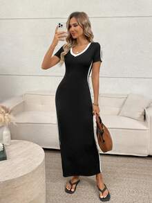 Easowa 女士白色 V 领侧缝修身长裙