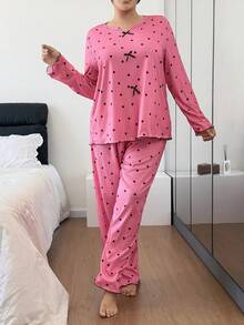 SweetSlumber Plus Size Women Ribbed Ruffle Trim Heart Print Long Sleeve Top & Pants Pajama Set With Bow, Winter Clothes - Pink - View 6