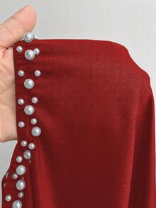 Viva Relle 大码新年红色珍珠装饰露肩长袖开衩连衣裙，适合婚礼、派对、节日和宴会（装饰华丽）、正式晚宴、婚礼宾客、毕业典礼、大型活动和正式场合。 - 紅色 - 查看 6