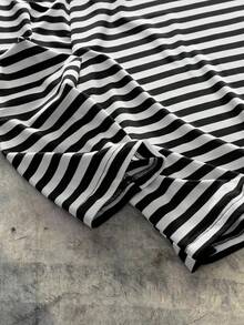 AXEPEAK 男士休闲黑白条纹宽松长袖圆领T恤 - 黑與白 - 查看 4