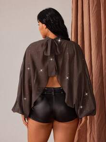 Rustia Casual Elegant Loose Batwing Sleeve Cover Up Cover Up For Plus Size Women, Suitable For Autumn & Spring - Brown - View 2