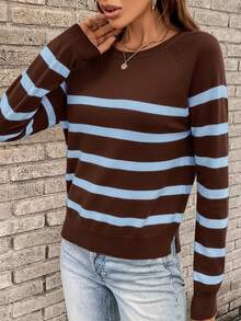 Easowa 秋冬休闲黑白条纹圆领插肩袖女式毛衣 - 棕色 - 查看 4
