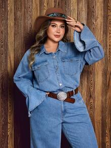 EMERY ROSE 大码女式复古西部牛仔风格褪色浅蓝色牛仔衬衫 - 淺色水洗藍 - 查看 5