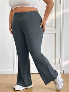 SHEIN CURVE+ 大码女高腰喇叭弹力休闲裤秋季女装春夏季清凉裤喇叭裤 - 深灰色 - 查看 3