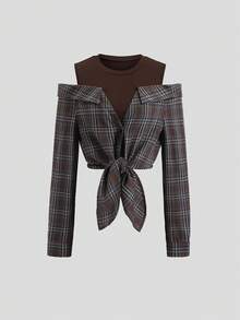 Sweetra Áo sơ mi kẻ caro buộc vai 2 trong 1 thời trang tối giản dành cho nữ, đa năng để mặc hàng ngày, mùa thu/đông - Cà phê nâu - Xem 1