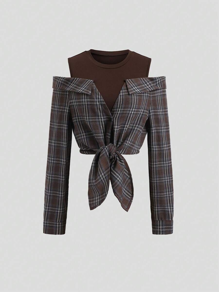 Sweetra Áo sơ mi kẻ caro buộc vai 2 trong 1 thời trang tối giản dành cho nữ, đa năng để mặc hàng ngày, mùa thu/đông - Cà phê nâu - Xem 1