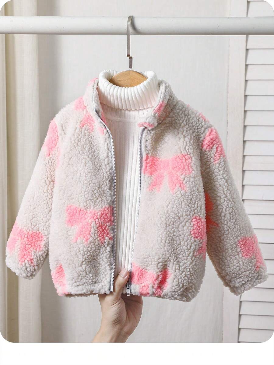 SHEIN Babygirl 可爱秋冬百搭休闲蝴蝶结羊毛立领夹克 - 粉色 - 查看 1