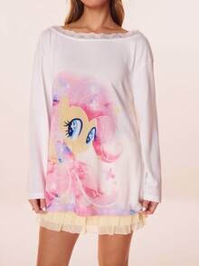 My Little Pony X SHEIN Women's Casual Cute Cartoon Print Off Shoulder Contrast Lace Loose Long Sleeve T-Shirt, Suitable For Spring, Summer, Autumn Anime Women Clothing Off The Shoulder Long Sleeve - White - View 3