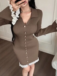 Feyla 女款優雅棕色與白色拼色修身針織迷你洋裝，秋季長袖貼身針織毛衣洋裝，適合約會，咖啡棕優雅服飾 - 駝色 - 查看 4