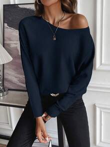 SHEIN LUNE 休闲百搭纯色蝙蝠袖女式毛衣 - 藏蓝色 - 查看 3