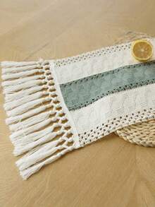 1 件波西米亚风格桌旗 Macrame 桌旗，适用于家居装饰，奶油色和棕色 Macrame 桌旗带流苏，适用于波西米亚风格餐厅卧室装饰、乡村新娘送礼会、农舍乡村风格桌旗、餐垫、感恩节圣诞节家居装饰（多种尺寸可选） - 八字綠色 - 查看 4