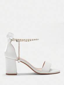 CUCCOO CURVES Plus Size Women Fashionable White Faux Pearl Chain Ankle Strap Comfort High Heel Sandals For Christmas - White - View 7