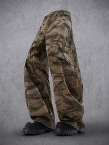 Manfinity Denimwave Men's Tie-Dye Pocket Loose Fit Casual Flare Leg Jeans Loose Wide Leg COUPLE Regular Washed Camouflage Thrashed Denim For Y2K - Coffee Brown - View 1