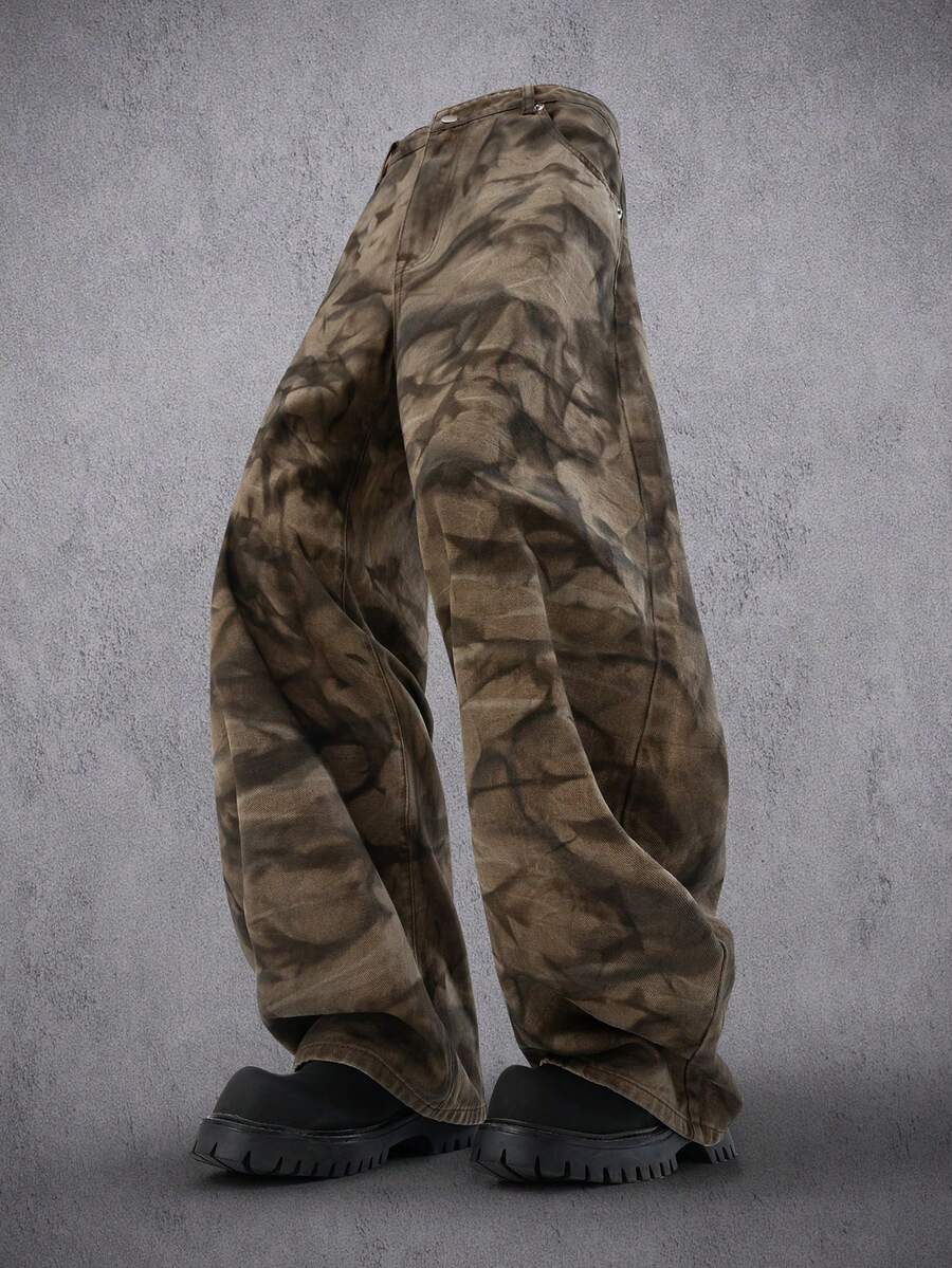 Manfinity Denimwave Men's Tie-Dye Pocket Loose Fit Casual Flare Leg Jeans Loose Wide Leg COUPLE Regular Washed Camouflage Thrashed Denim For Y2K - Coffee Brown - View 1