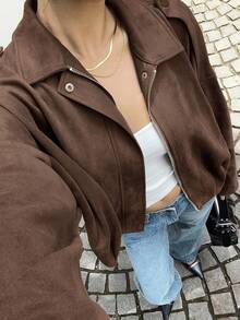 Siren Gaze 2025 Autumn/Winter Women's Faux Suede Collar Jacket, Loose Fit, Elegant,Brown Jacket Casual Spring - Brown - View 8