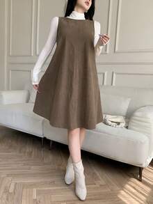 Feyla 女士纯色蝴蝶结露背无袖宽松灯芯绒迷你连衣裙 - 棕色 - 查看 1