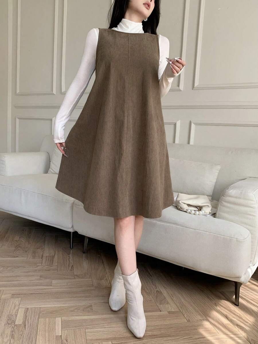 Feyla 女士纯色蝴蝶结露背无袖宽松灯芯绒迷你连衣裙 - 棕色 - 查看 1