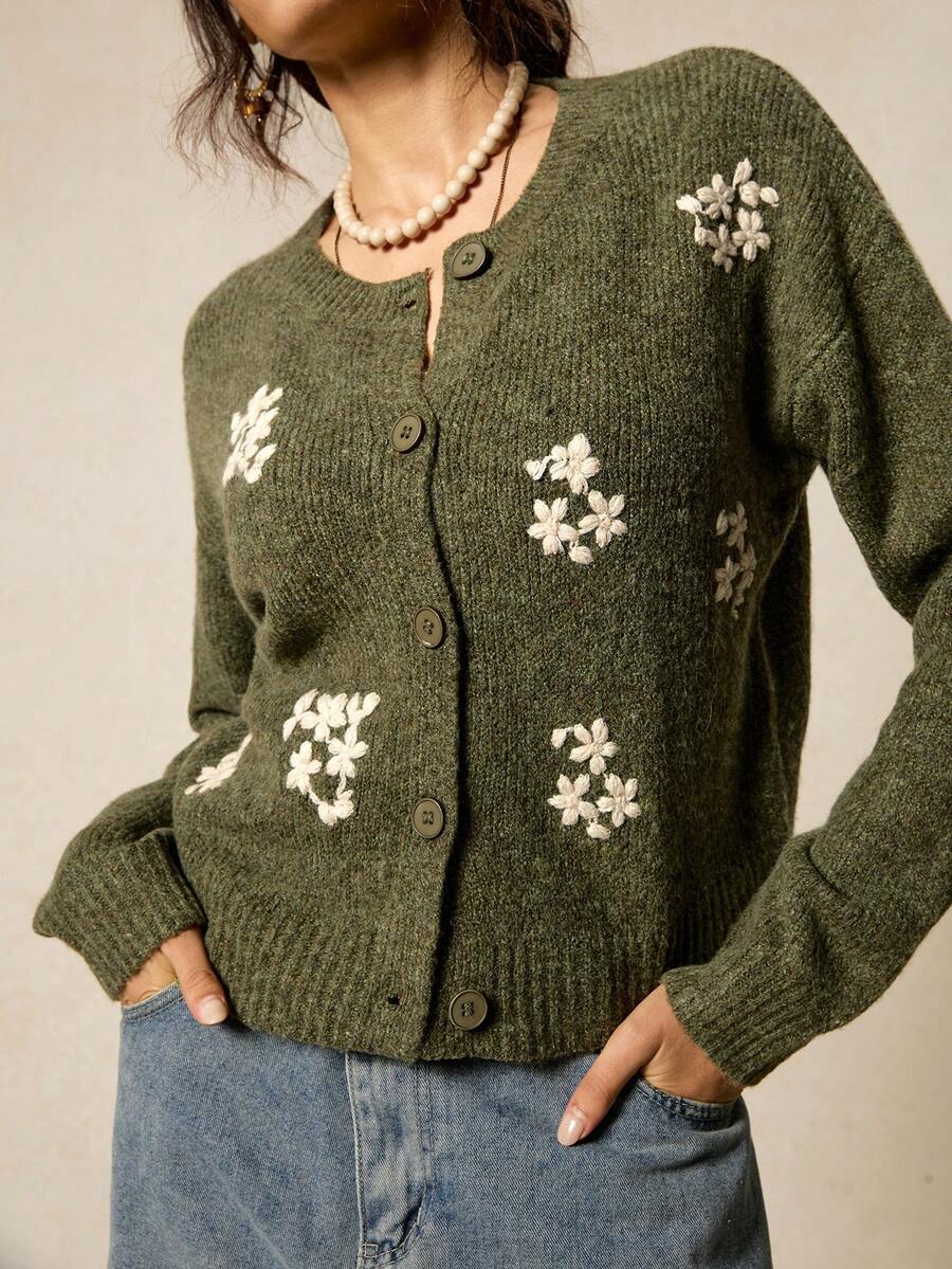 SoleilVie 女士优雅法式钩针开衫 - 軍綠色 - 查看 1