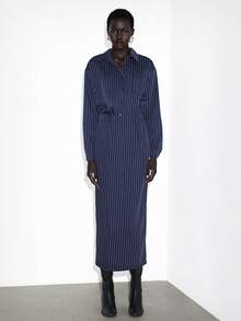 Lumivelle 2pcs Women's Elegant Navy Blue Striped Shirt And Skirt Set, High-Quality For Daily Commute Navy Blue Outfit Women Shirt Suits Shirt Dresses Long Shirts - Navy Blue - View 4