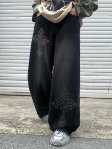 SHEIN 青少年男孩 Bolty 时尚休闲 Y2k 复古酷炫街头黑色牛仔闪亮十字水钻设计宽松舒适牛仔裤，适合日常穿着、秋冬季节、锐舞节和街头服饰。 - 黑色 - 查看 5