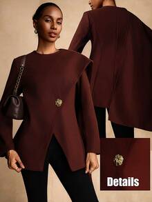 SHEIN Veneréa 女士束腰马甲，金属扣装饰，裹身领，优雅奢华冬季款 - 咖啡棕 - 查看 1