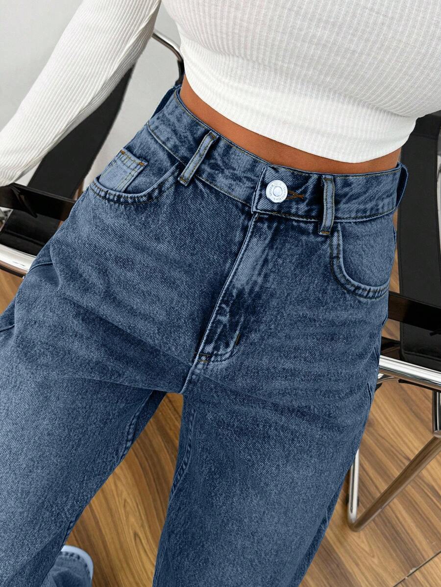 EURMUSE HIGH WAIST CASUAL STYLE DENIM STRAIGHT - Medium Wash - View 1