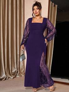 Cravure Plus Size Women's Square Neck Sparkly Mesh Patchwork Dress, Stretchy Luxurious Party Long Sleeve High Slit Autumn/Winter Elegant Party Gown - Purple - View 4