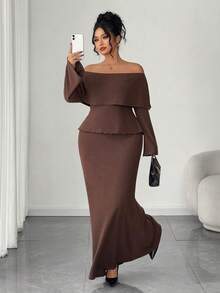 SHEIN Elenzya 1 Set Texturiertes Top, Off-Shoulder, und körperbetonter Rock in Große Größen, elegantes Zweiteiler Outfit