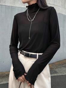 FRIFUL Women's Mesh Sheer High Neck Tee,See-Through Blouse For Summer Long Sleeve Women - Black - View 3