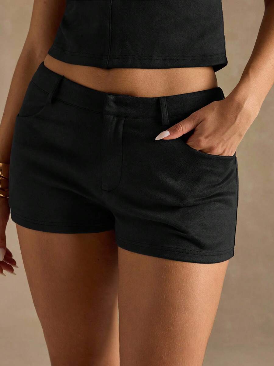 SHEIN BAE 女士纯色口袋修身休闲短裤 - 黑色 - 查看 1