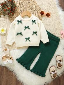 SHEIN Vintaside Kids 2pcs Baby Girls Sweater Set: White Round Neck Bow Decor Top + CoffFlared Pantsnts, Sweet & Fashionable Winter Baby Clothes Sets Baby Set Autumn Winter Season Baby Girl Sweaters Set Green And White Outfit For Baby Girl Autumn And Winter Two Pieces Suit Baby Girl Warm Sets Two Pieces Sets Baby Set Autumn Winter Season Baby Knitwear Baby Clothes Girl Fall Sweater Knit - Dark Green - View 5
