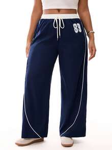 Solavibe Plus Size Contrast Color Pocket Drawstring Elastic Waist Straight Leg Casual Printed Sweatpants,Vacation - Navy Blue - View 2