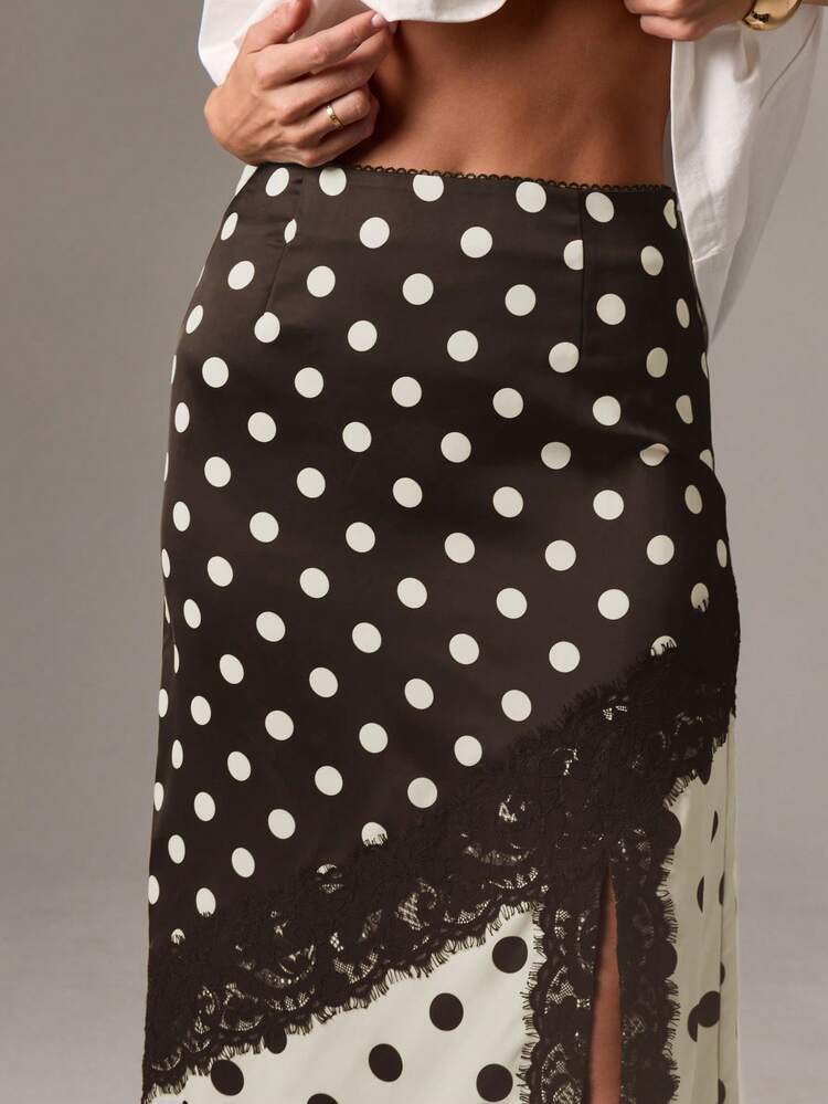 Polka Dot Midi Skirt With Lace Trim
