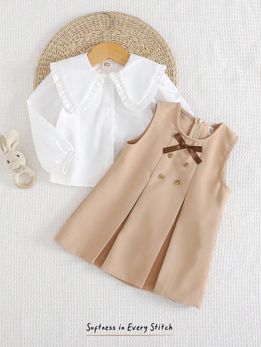 Cozy Pixies Conjunto de 2 piezas de camisa de manga larga con cuello y vestido sin mangas con botones para bebé niña, conjunto de ropa gruesa