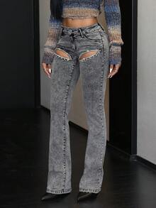 SHEIN EZwear Y2K 低腰水钻条纹紧身牛仔裤，浅灰色 - 灰色 - 查看 3