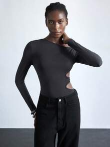 Maija Women's Black High-Stretch Fabric Attention-Grabbing Asymmetric Shoulder Design Waist Hollow-Out Bodysuit, Suitable For Urban Commute, Business, Casual, Wedding Guest, Christmas, New Year Party - Grey - View 5