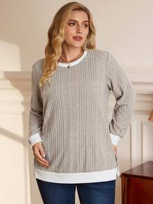 Rosumi 大码拼色侧开衩圆领运动衫 - 卡其色 - 查看 5