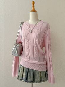 SHEIN Unity 宽松麻花针织套头衫，韩版风，休闲舒适，适合2025初秋新品 - 粉色 - 查看 8