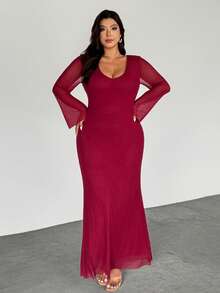 SHEIN Privé 加大码优雅纯色露背连衣裙，适合派对 - 酒紅色 - 查看 5
